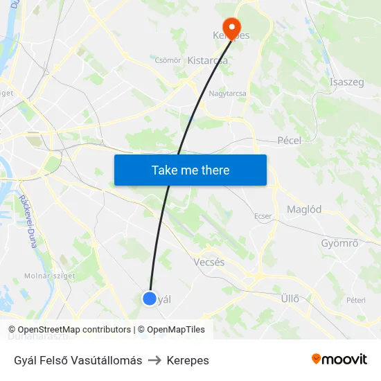 Gyál Felső Vasútállomás to Kerepes map