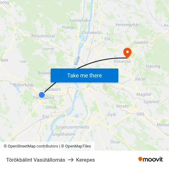Törökbálint Vasútállomás to Kerepes map