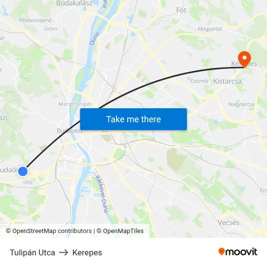 Tulipán Utca to Kerepes map
