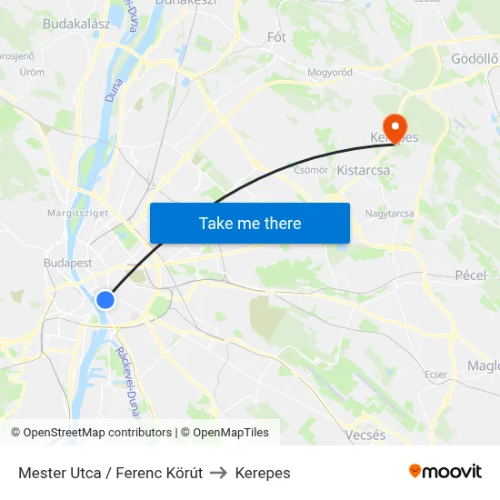 Mester Utca / Ferenc Körút to Kerepes map