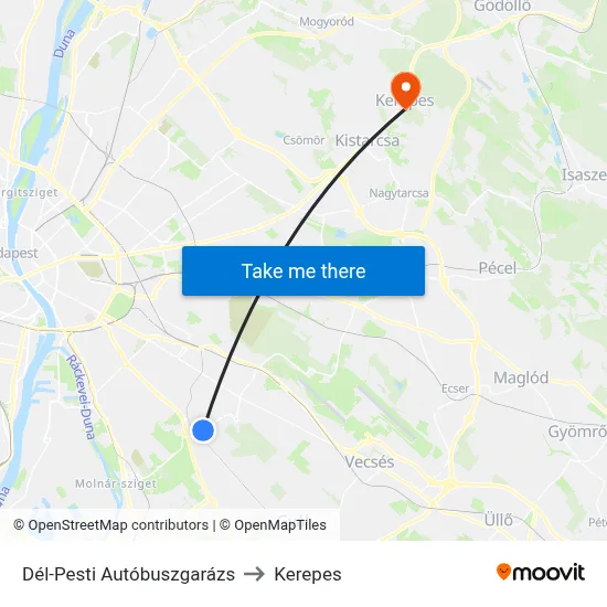 Dél-Pesti Autóbuszgarázs to Kerepes map