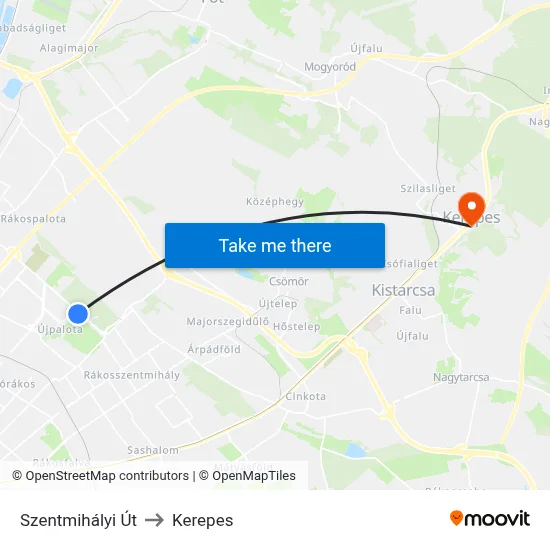 Szentmihályi Út to Kerepes map