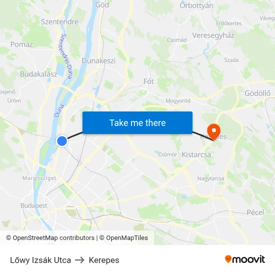 Lőwy Izsák Utca to Kerepes map