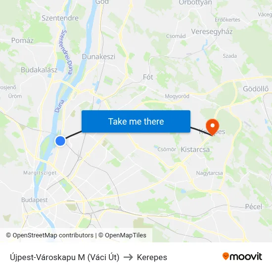 Újpest-Városkapu M (Váci Út) to Kerepes map