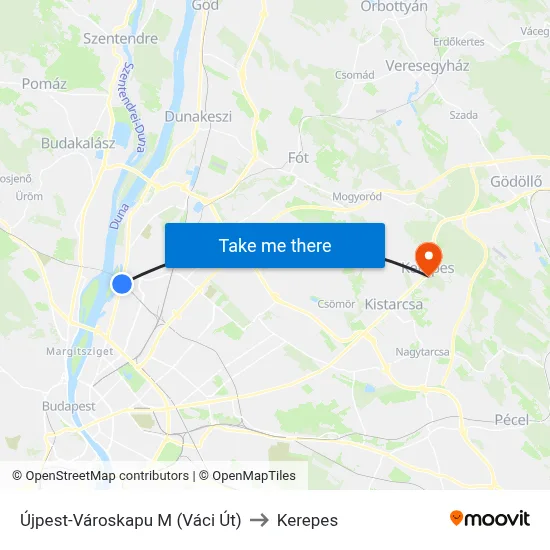 Újpest-Városkapu M (Váci Út) to Kerepes map