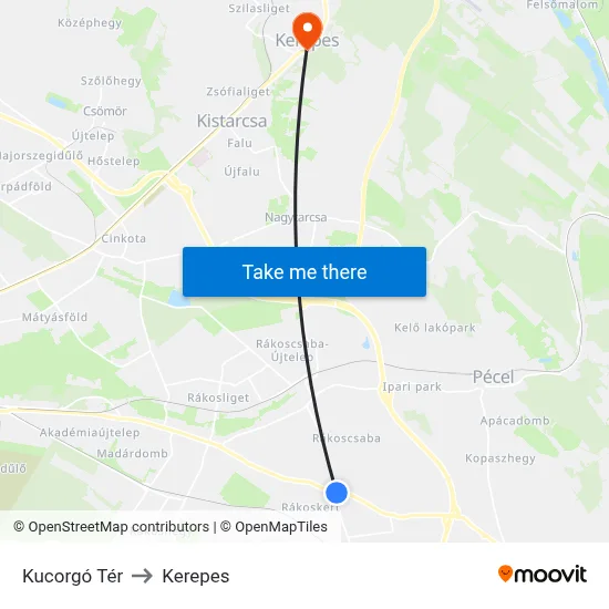 Kucorgó Tér to Kerepes map