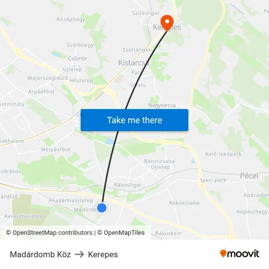 Madárdomb Köz to Kerepes map