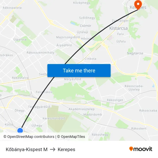 Kőbánya-Kispest M to Kerepes map