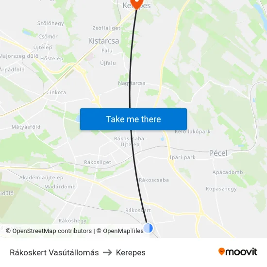 Rákoskert Vasútállomás to Kerepes map