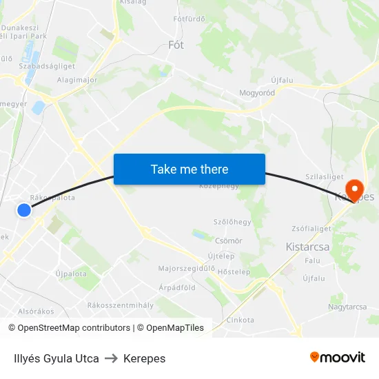Illyés Gyula Utca to Kerepes map