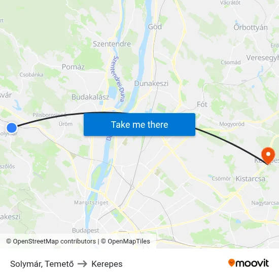 Solymár, Temető to Kerepes map