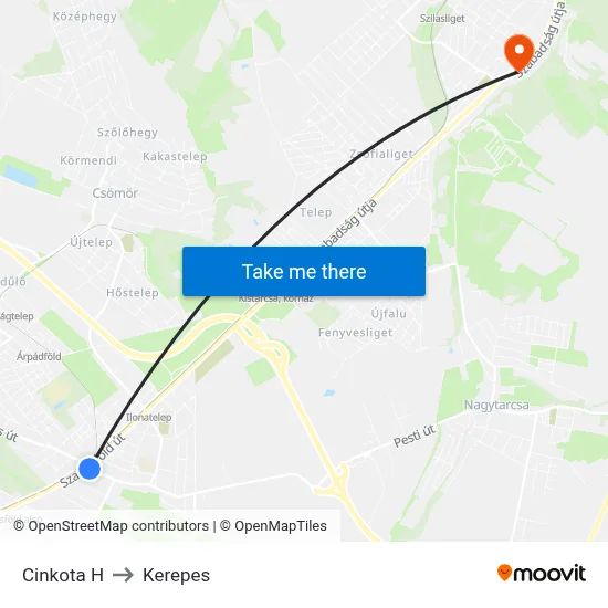 Cinkota H to Kerepes map
