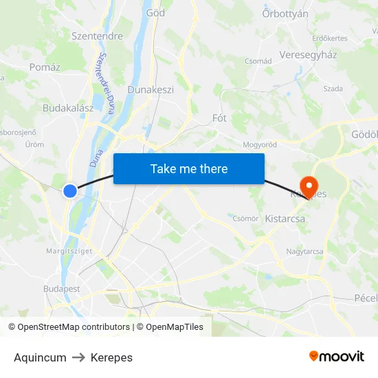 Aquincum to Kerepes map