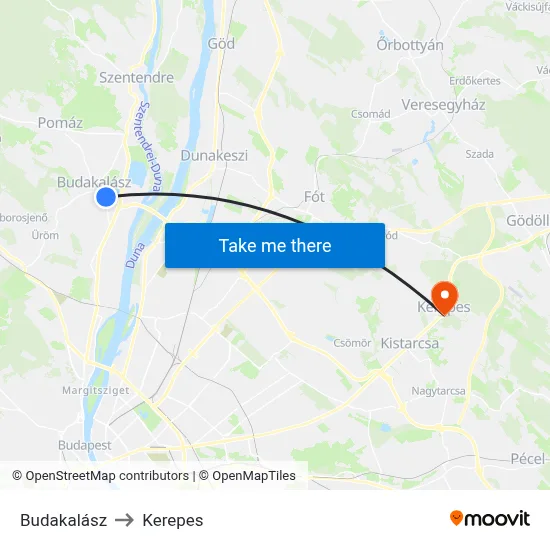 Budakalász to Kerepes map