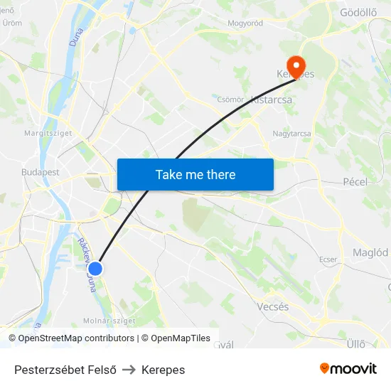 Pesterzsébet Felső to Kerepes map