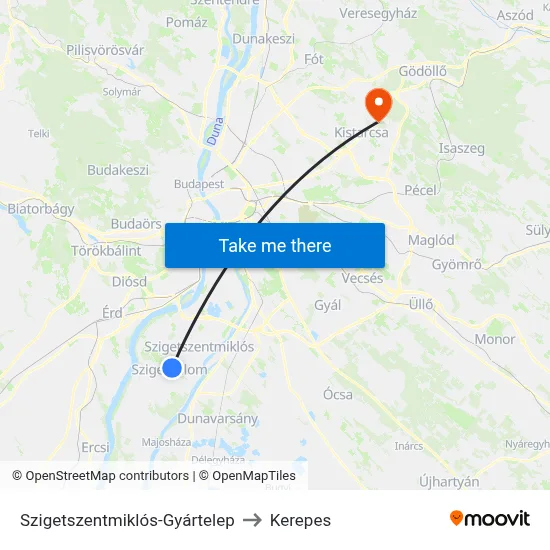 Szigetszentmiklós-Gyártelep to Kerepes map