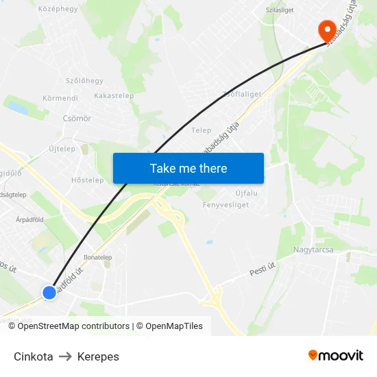 Cinkota to Kerepes map