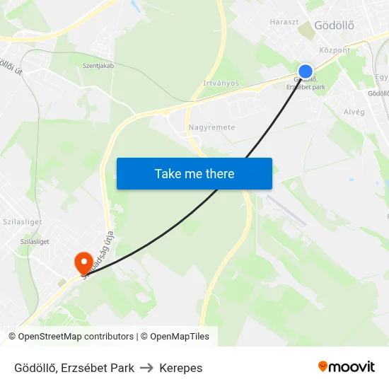 Gödöllő, Erzsébet Park to Kerepes map