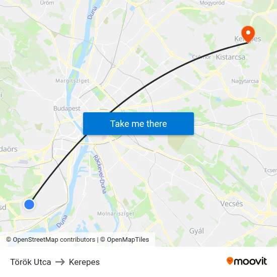 Török Utca to Kerepes map