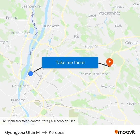 Gyöngyösi Utca M to Kerepes map