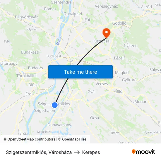 Szigetszentmiklós, Városháza to Kerepes map