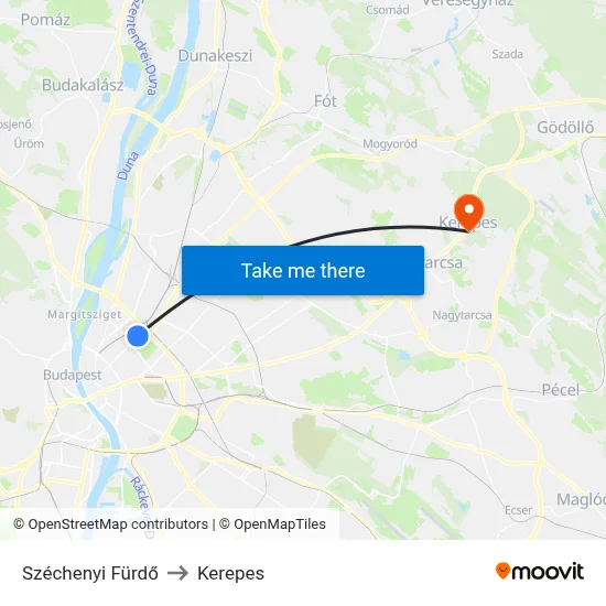 Széchenyi Fürdő to Kerepes map