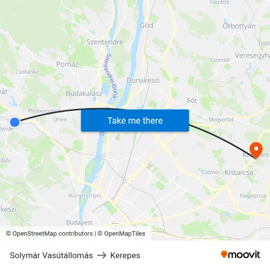 Solymár Vasútállomás to Kerepes map