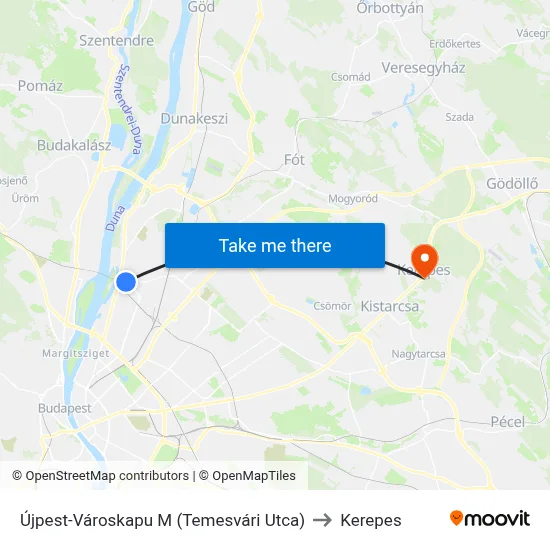 Újpest-Városkapu M (Temesvári Utca) to Kerepes map