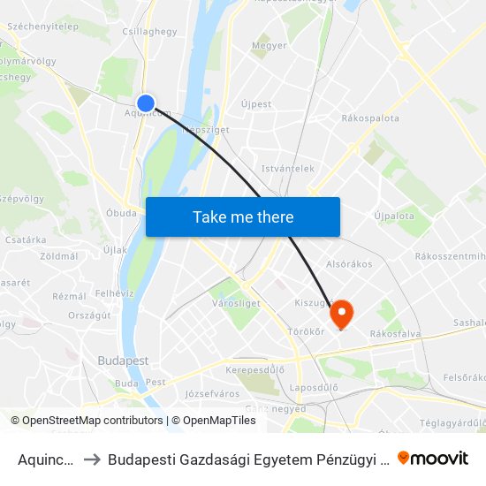 Aquincum H to Budapesti Gazdasági Egyetem Pénzügyi És Számviteli Kar map