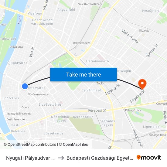 Nyugati Pályaudvar M (Podmaniczky Utca) to Budapesti Gazdasági Egyetem Pénzügyi És Számviteli Kar map