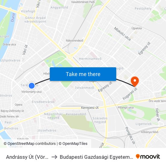 Andrássy Út (Vörösmarty Utca M) to Budapesti Gazdasági Egyetem Pénzügyi És Számviteli Kar map