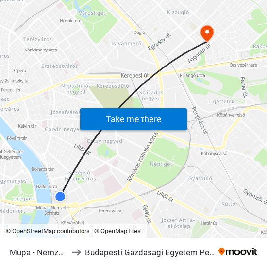 Müpa - Nemzeti Színház H to Budapesti Gazdasági Egyetem Pénzügyi És Számviteli Kar map