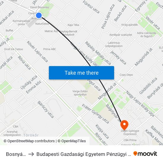 Bosnyák Tér to Budapesti Gazdasági Egyetem Pénzügyi És Számviteli Kar map