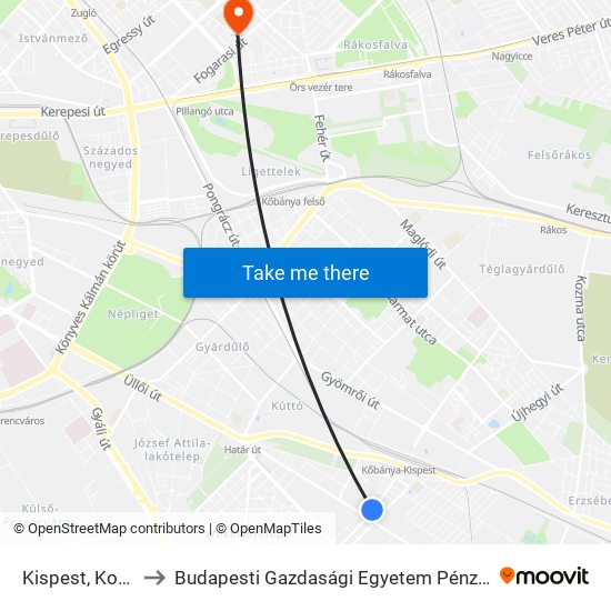 Kispest, Kossuth Tér to Budapesti Gazdasági Egyetem Pénzügyi És Számviteli Kar map