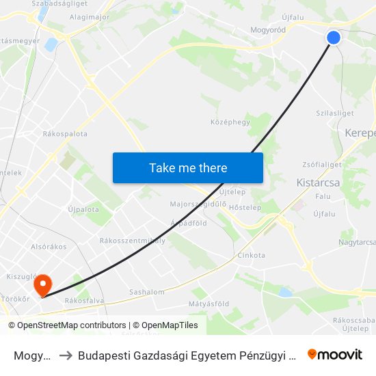 Mogyoród to Budapesti Gazdasági Egyetem Pénzügyi És Számviteli Kar map