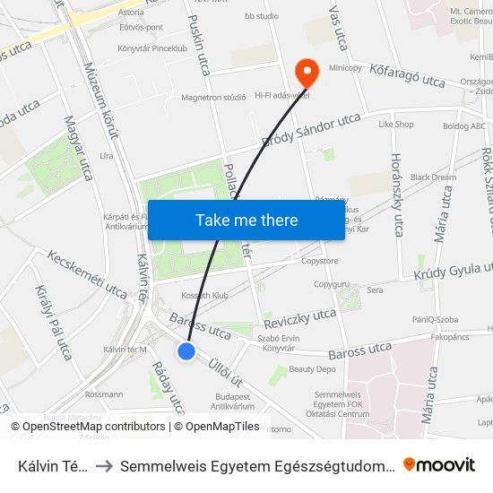 Kálvin Tér M to Semmelweis Egyetem Egészségtudományi Kar map