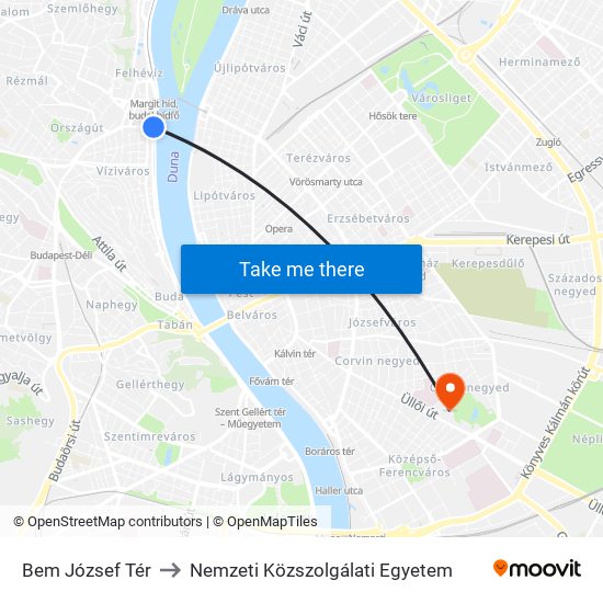 Bem József Tér to Nemzeti Közszolgálati Egyetem map