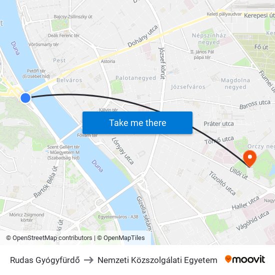 Rudas Gyógyfürdő to Nemzeti Közszolgálati Egyetem map