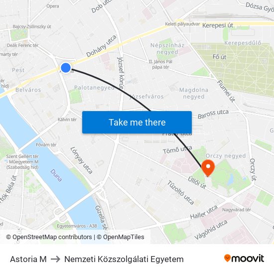 Astoria M to Nemzeti Közszolgálati Egyetem map