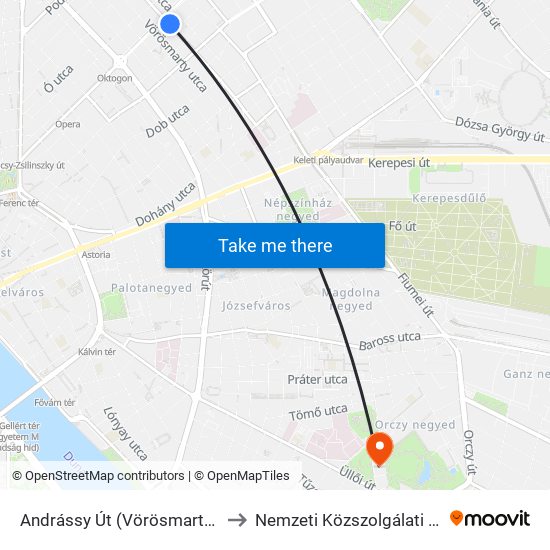 Andrássy Út (Vörösmarty Utca M) to Nemzeti Közszolgálati Egyetem map