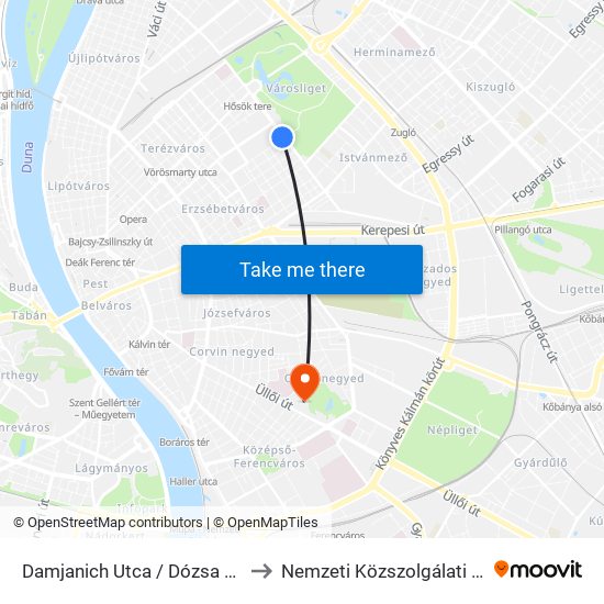 Damjanich Utca / Dózsa György Út to Nemzeti Közszolgálati Egyetem map