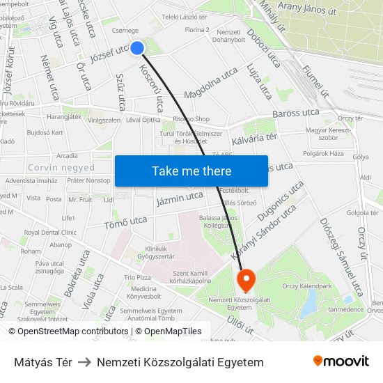 Mátyás Tér to Nemzeti Közszolgálati Egyetem map