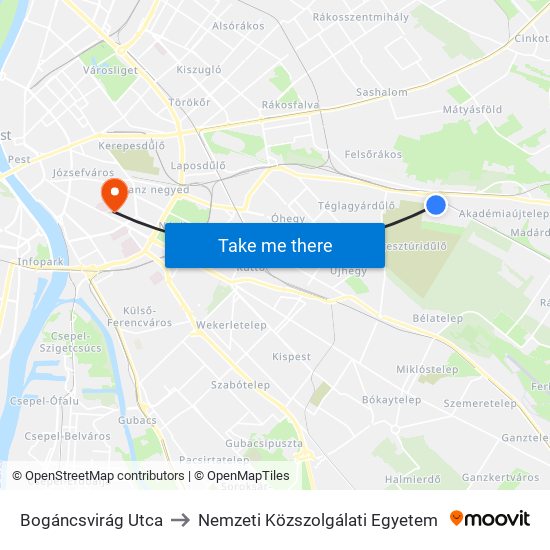 Bogáncsvirág Utca to Nemzeti Közszolgálati Egyetem map
