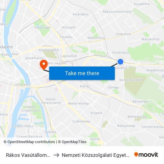 Rákos Vasútállomás to Nemzeti Közszolgálati Egyetem map