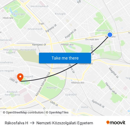 Rákosfalva H to Nemzeti Közszolgálati Egyetem map