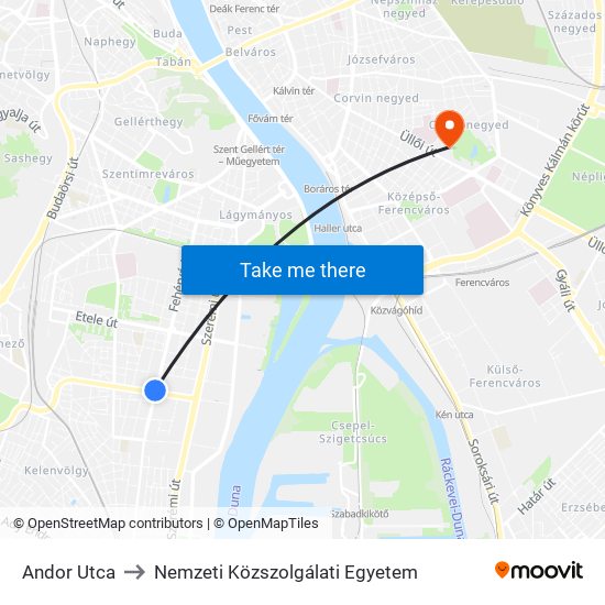 Andor Utca to Nemzeti Közszolgálati Egyetem map