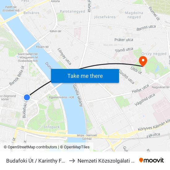 Budafoki Út / Karinthy Frigyes Út to Nemzeti Közszolgálati Egyetem map