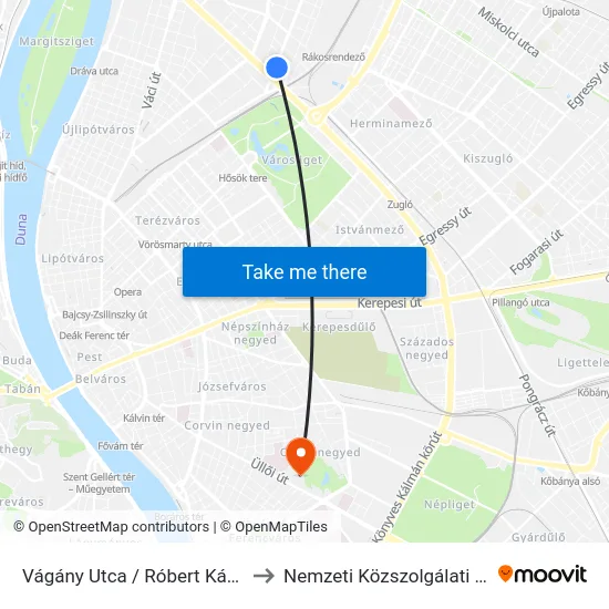 Vágány Utca / Róbert Károly Körút to Nemzeti Közszolgálati Egyetem map
