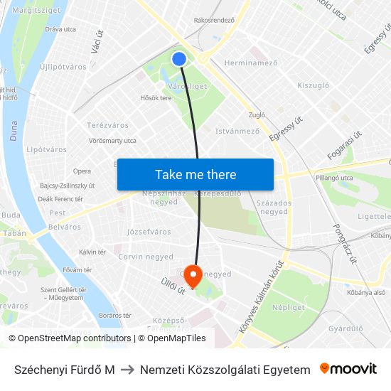 Széchenyi Fürdő M to Nemzeti Közszolgálati Egyetem map