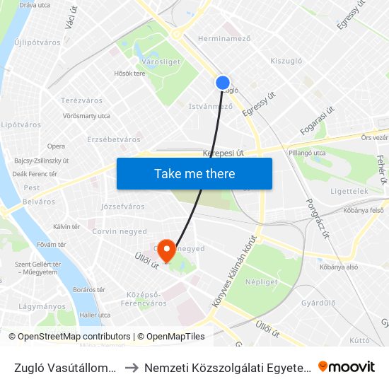 Zugló Vasútállomás to Nemzeti Közszolgálati Egyetem map